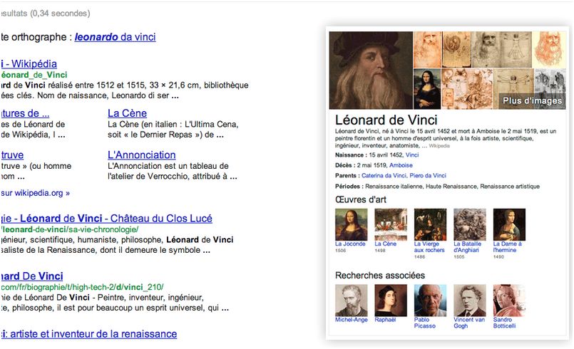 Recherche sur Leonard de Vinci sur Google Knowledge Graph