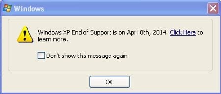 Le pop up d'avertissement de la fin de Windows XP